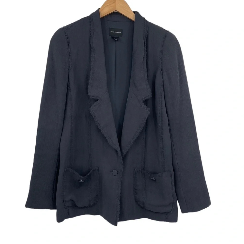 Club Monaco Blazer Womens 0 Gray Silk One Button Front Business Raw Hem
